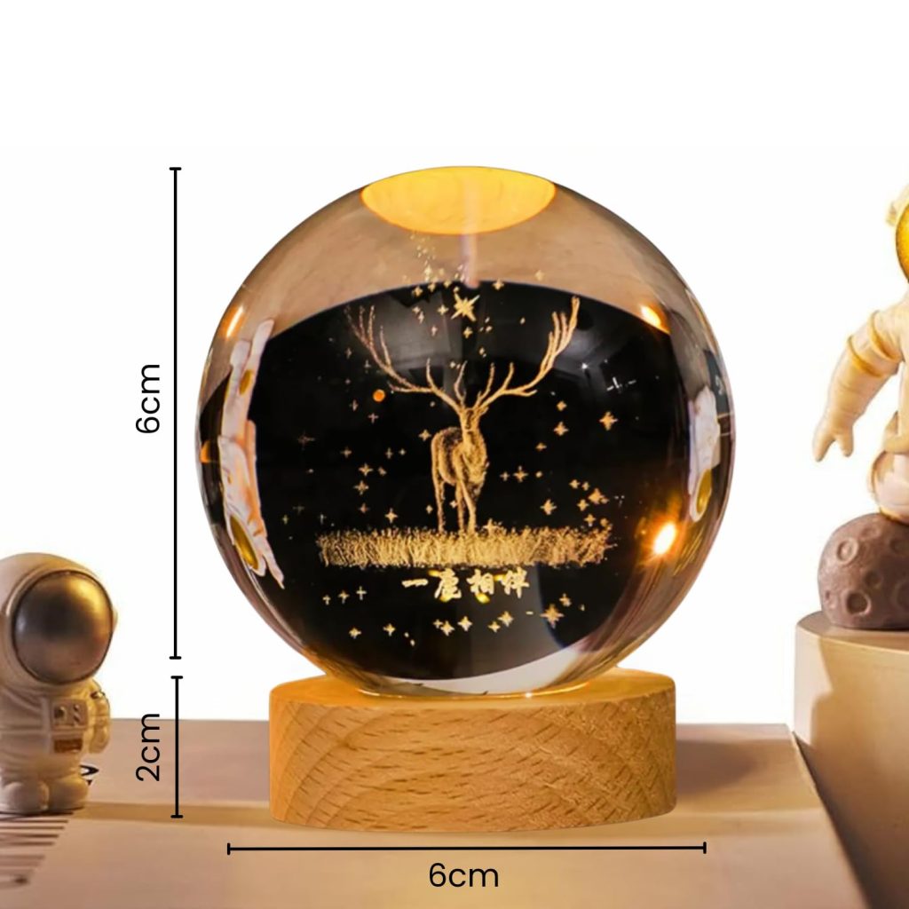 One94Store 3D Engraved Deer Crystal Globe Lamp | USB LED Night Light with Wooden Base