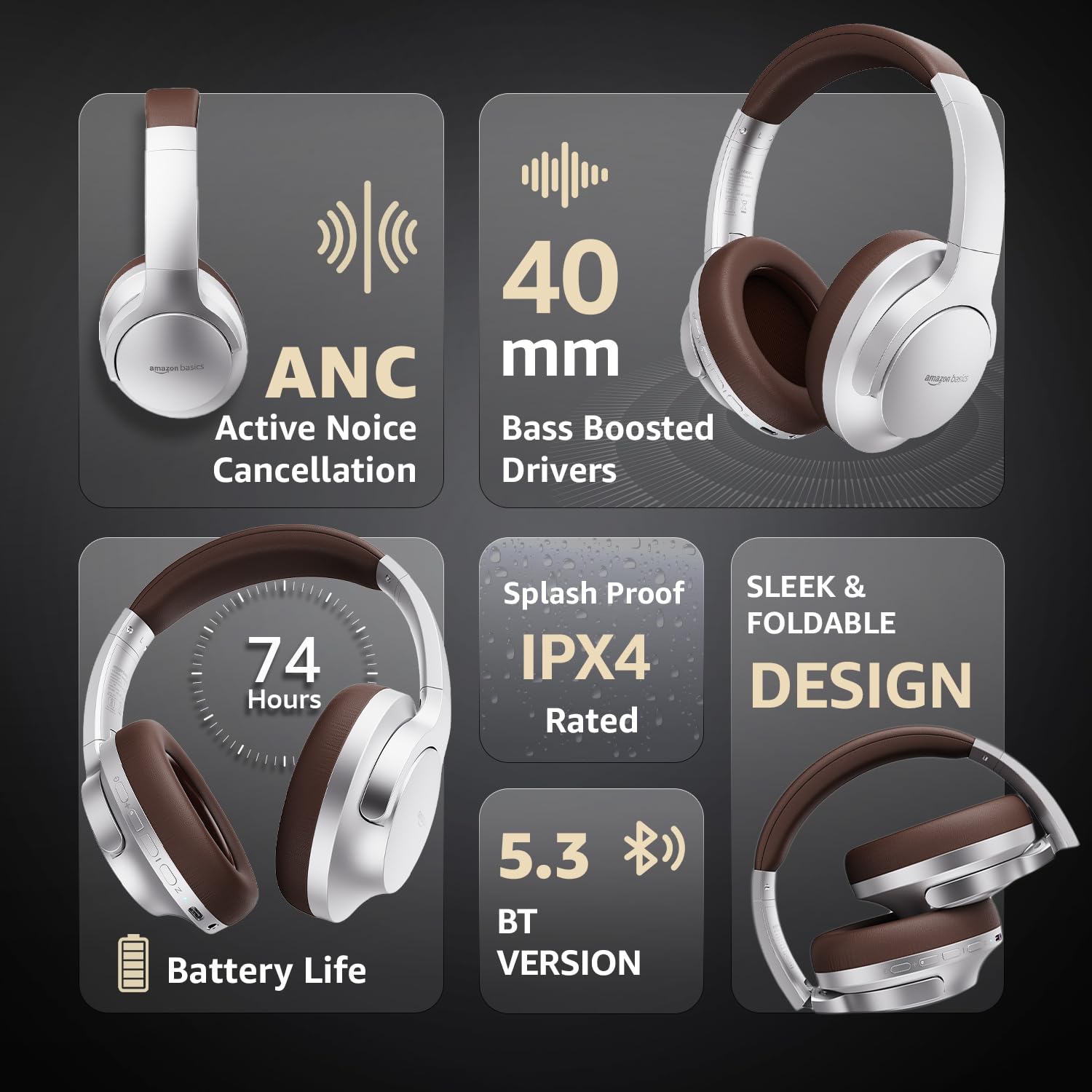 Amazon Basics Pro Series Wireless Noise Cancelling ANC Over Ear Headphone | Bluetooth Headset | USB Charging | 10 m Paring Distance | 74 Hours Battery Life | 40 mm Drivers | IPX4 Rated (Silver) - Image 5